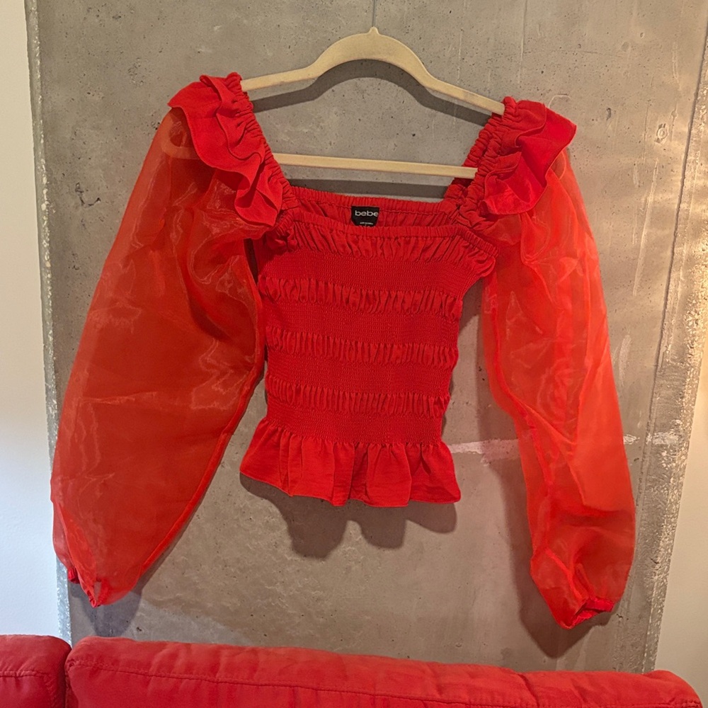 Bebe Scarlet Ruffle Blouse with Sheer Sleeves
